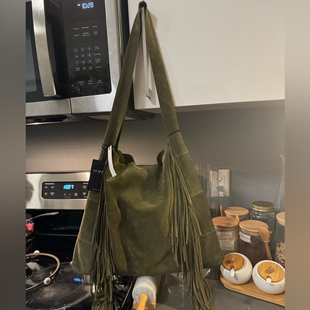 CLAUDIA Green Made In Italy Suede Hobo With Fringe Detail